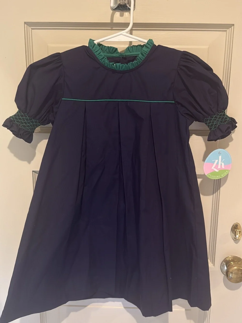 Classic Navy & Green Puff-Sleeve Kids Dress